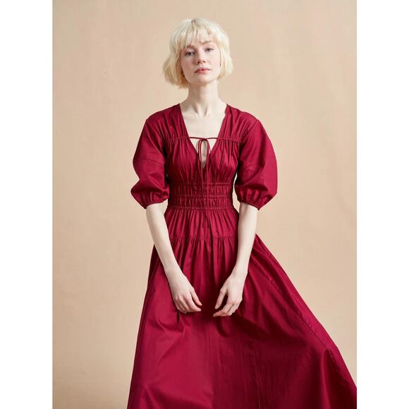 Loft Petite Shirred Tie Neck Midi Dress Rio Red Large - Picture 1 of 10